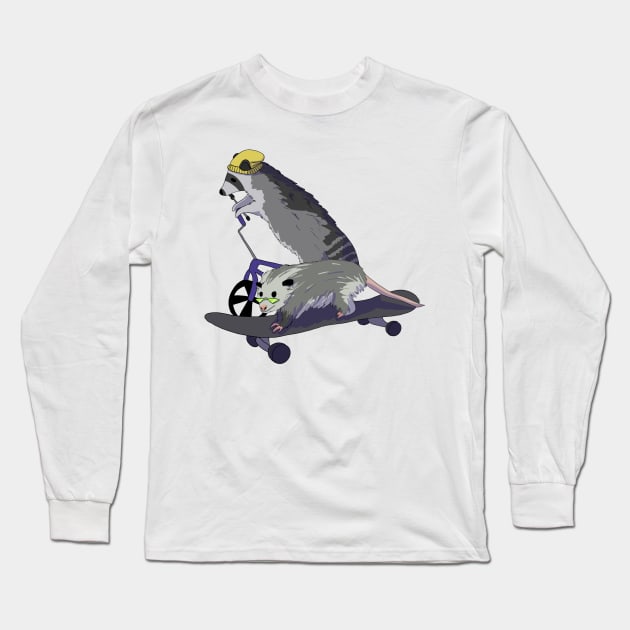 Racoon and opossum on skateboard Long Sleeve T-Shirt by annoyingarts